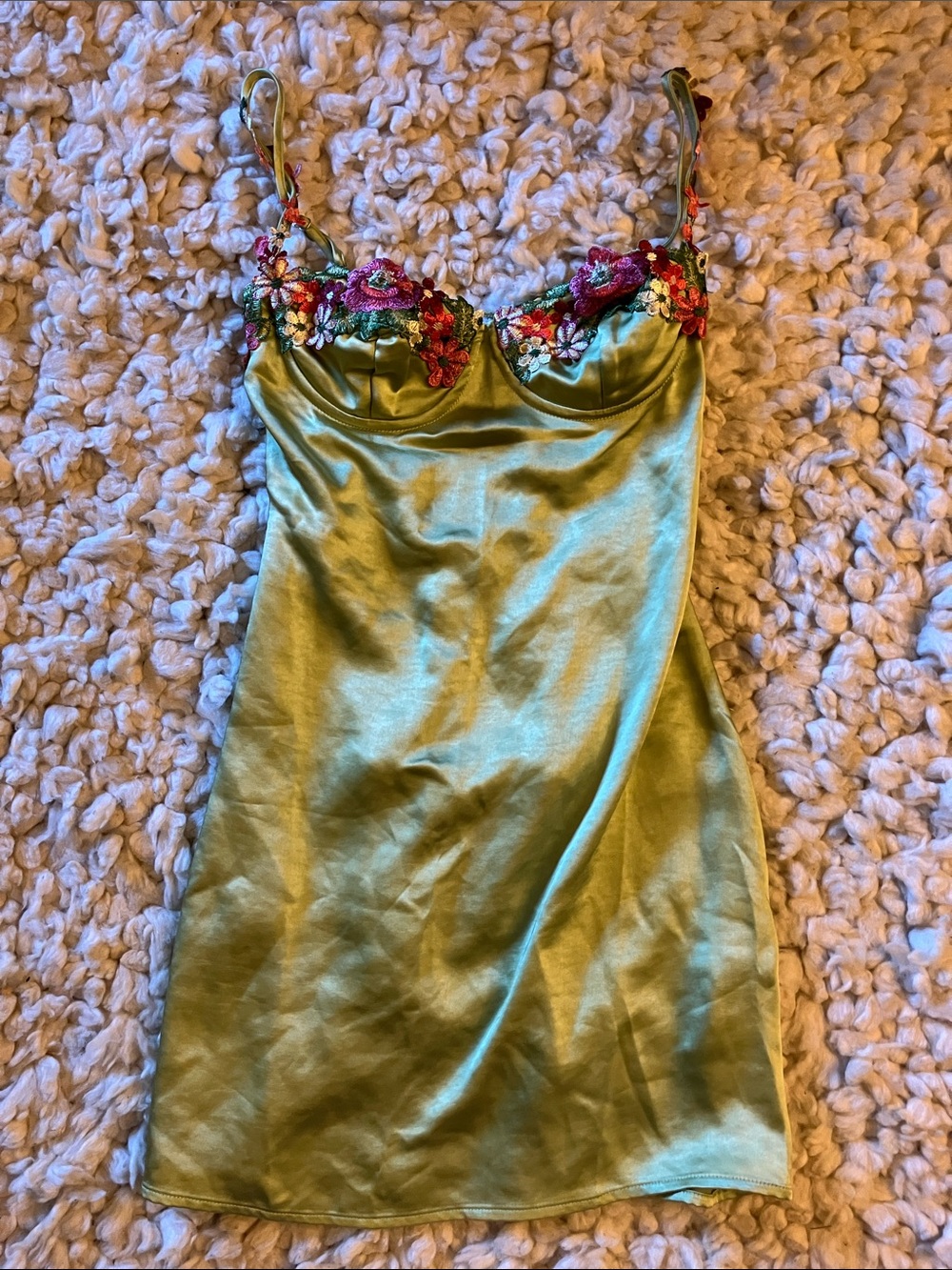 Princess Polly Green Satin Slip with Pink Floral Embroidery